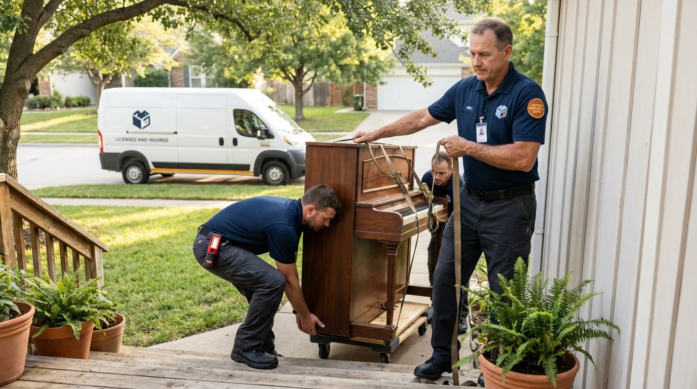 Licensed piano movers securing grand piano in Vicksburg, MS