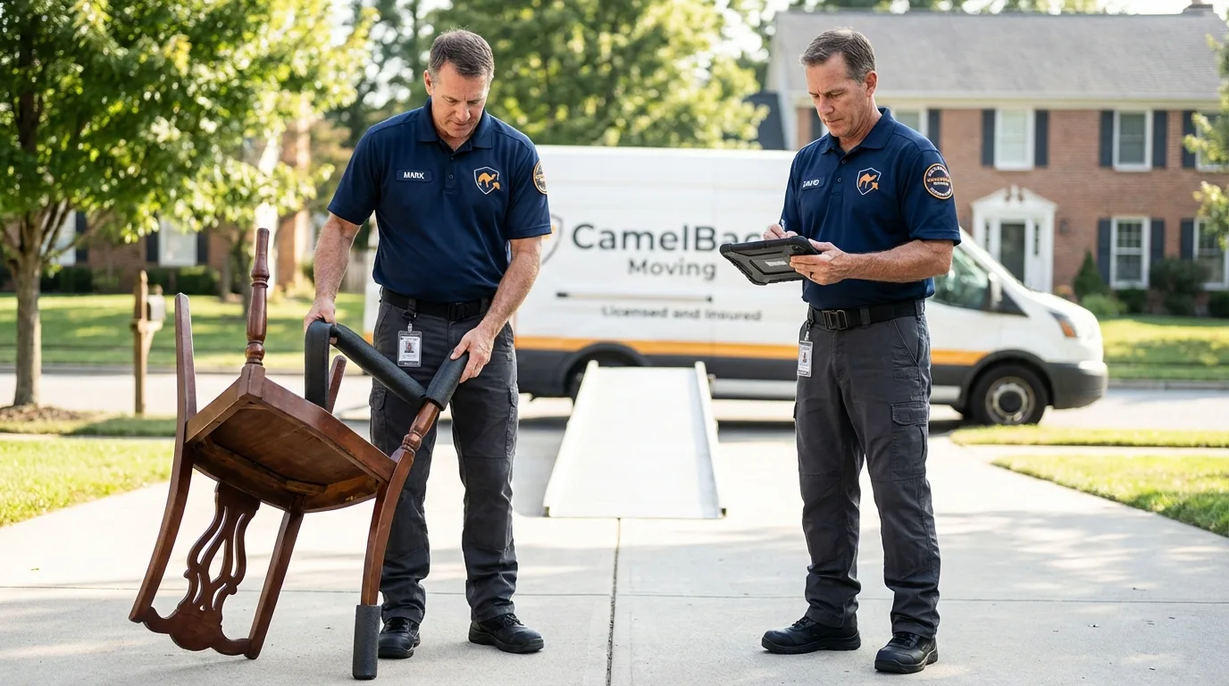Movers inspecting furniture for damage prevention before loading in Vicksburg, MS