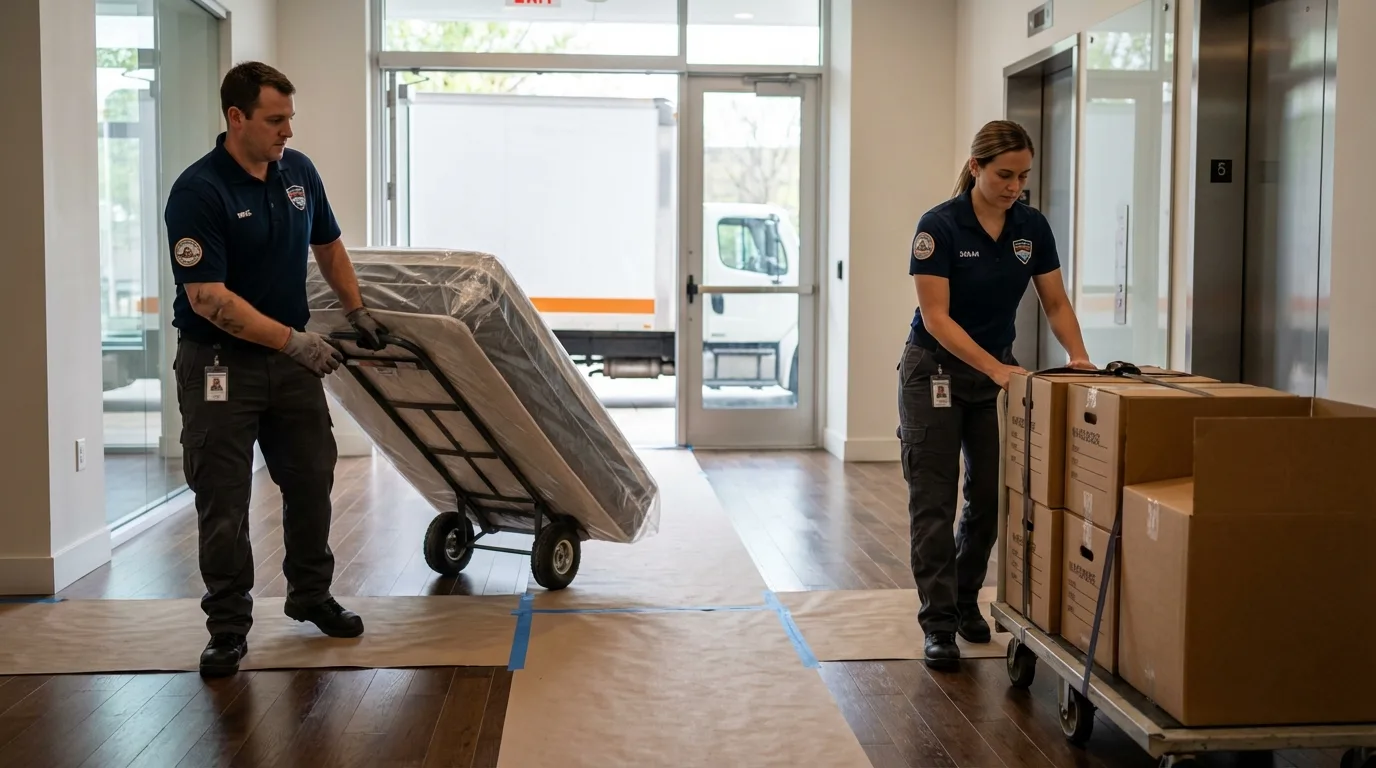 Professional apartment movers loading elevator in Vicksburg, MS